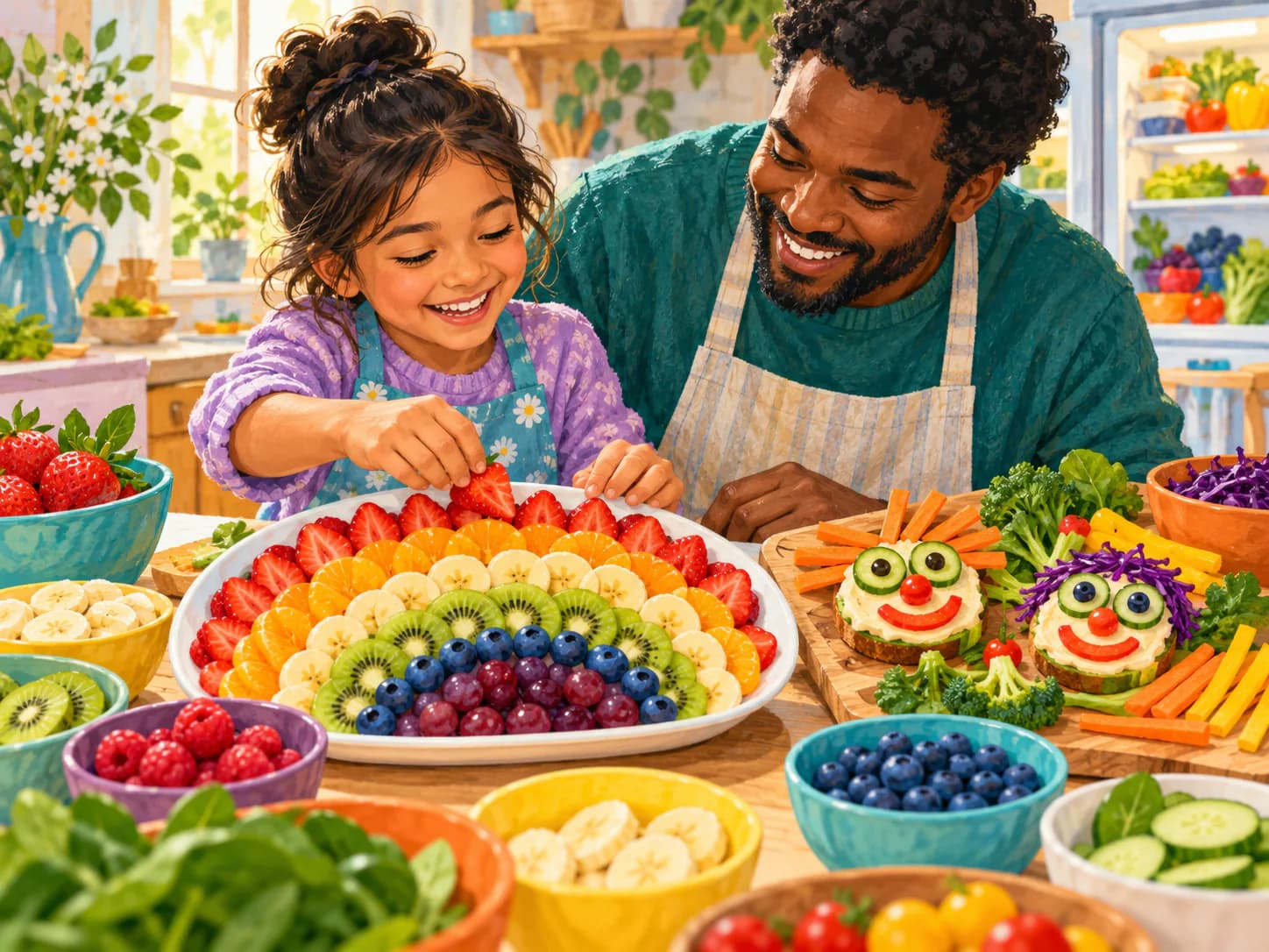 A parent and child making a rainbow fruit plate together