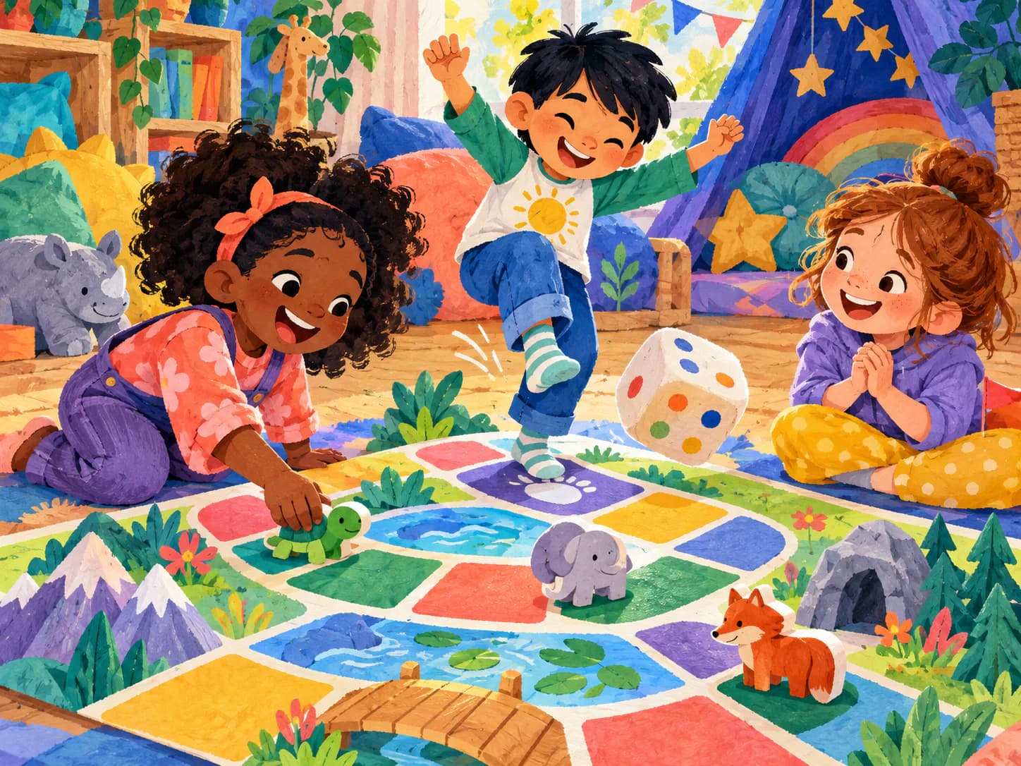Children playing a colorful cooperative floor game
