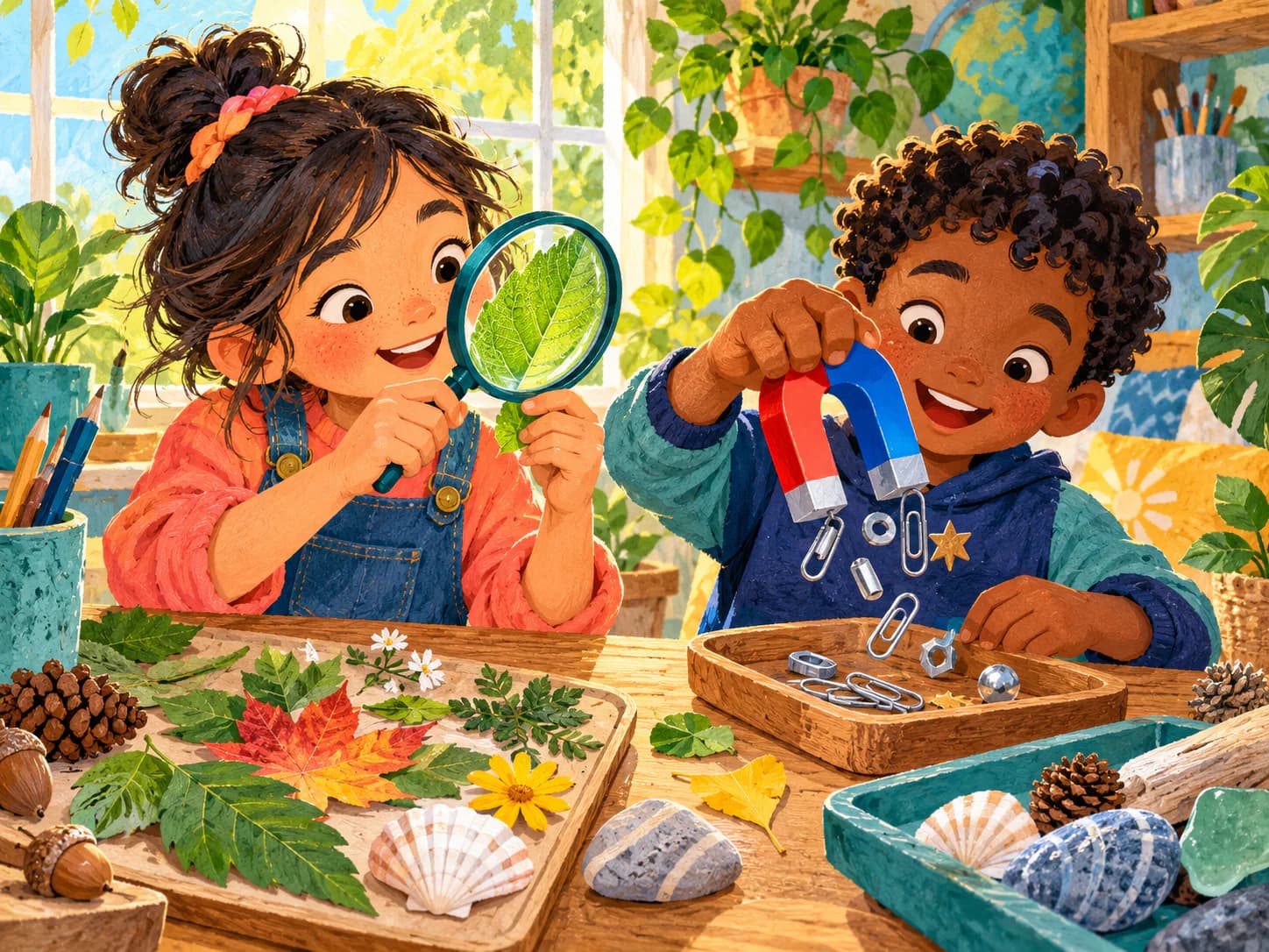 Children exploring leaves and magnets at a discovery table