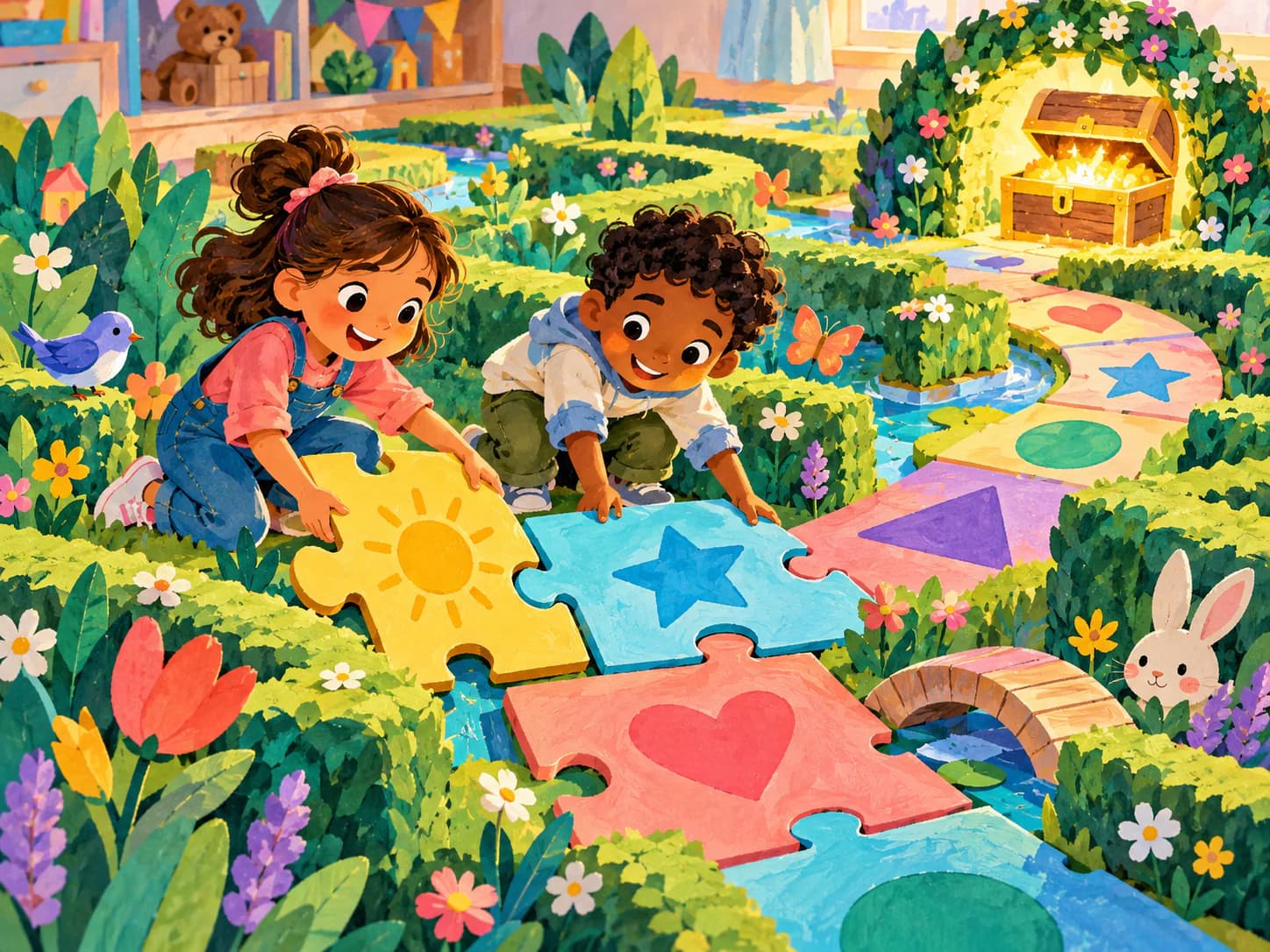 Children joining giant puzzle pieces in a garden maze