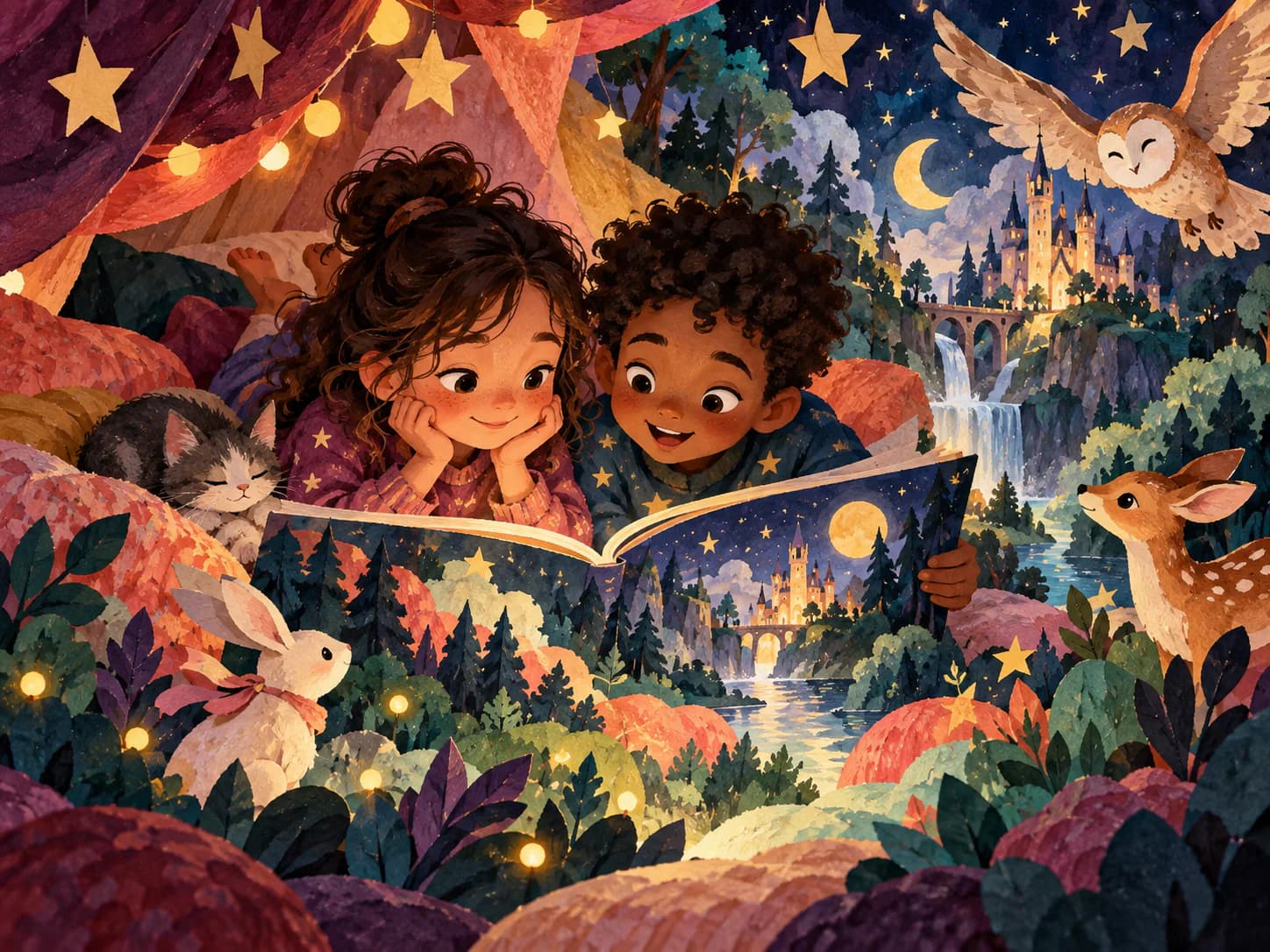 Children reading together inside an imagined moonlit story world
