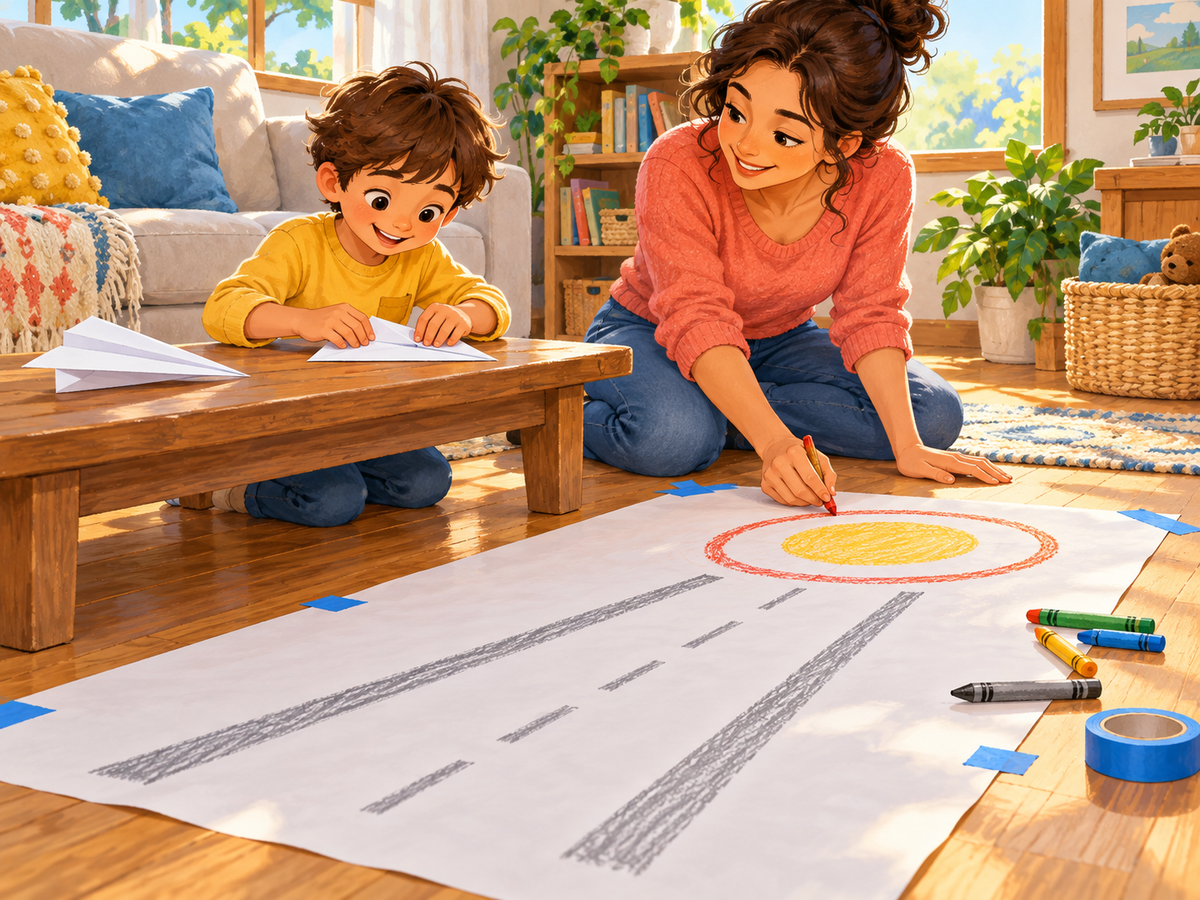 A child folds a paper airplane while an adult draws a runway and landing target.