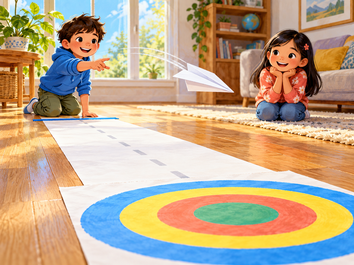 A child gently launches a paper airplane toward a broad floor target.