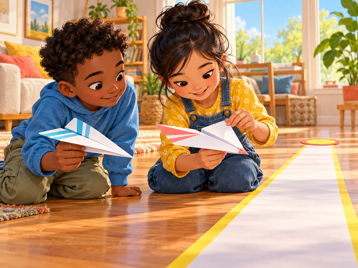 Two children compare paper airplane folds beside a narrower distant target.