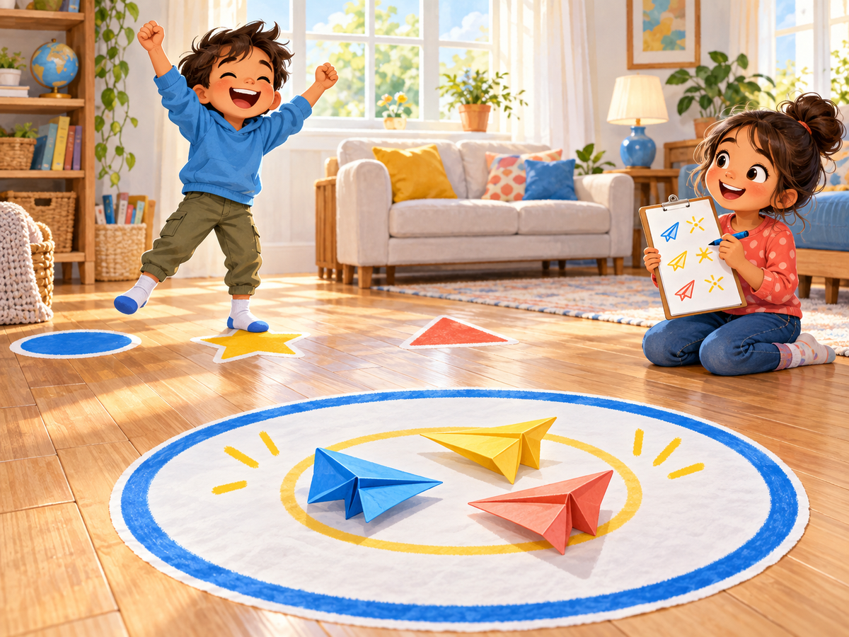 A child celebrates three paper airplanes resting inside a colorful landing zone.