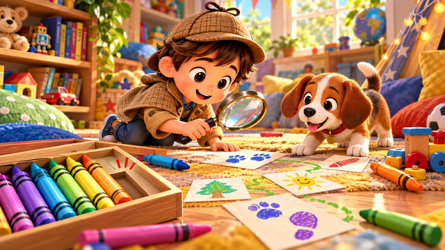 A young child detective follows colorful clues across a sunny playroom toward an empty crayon box.