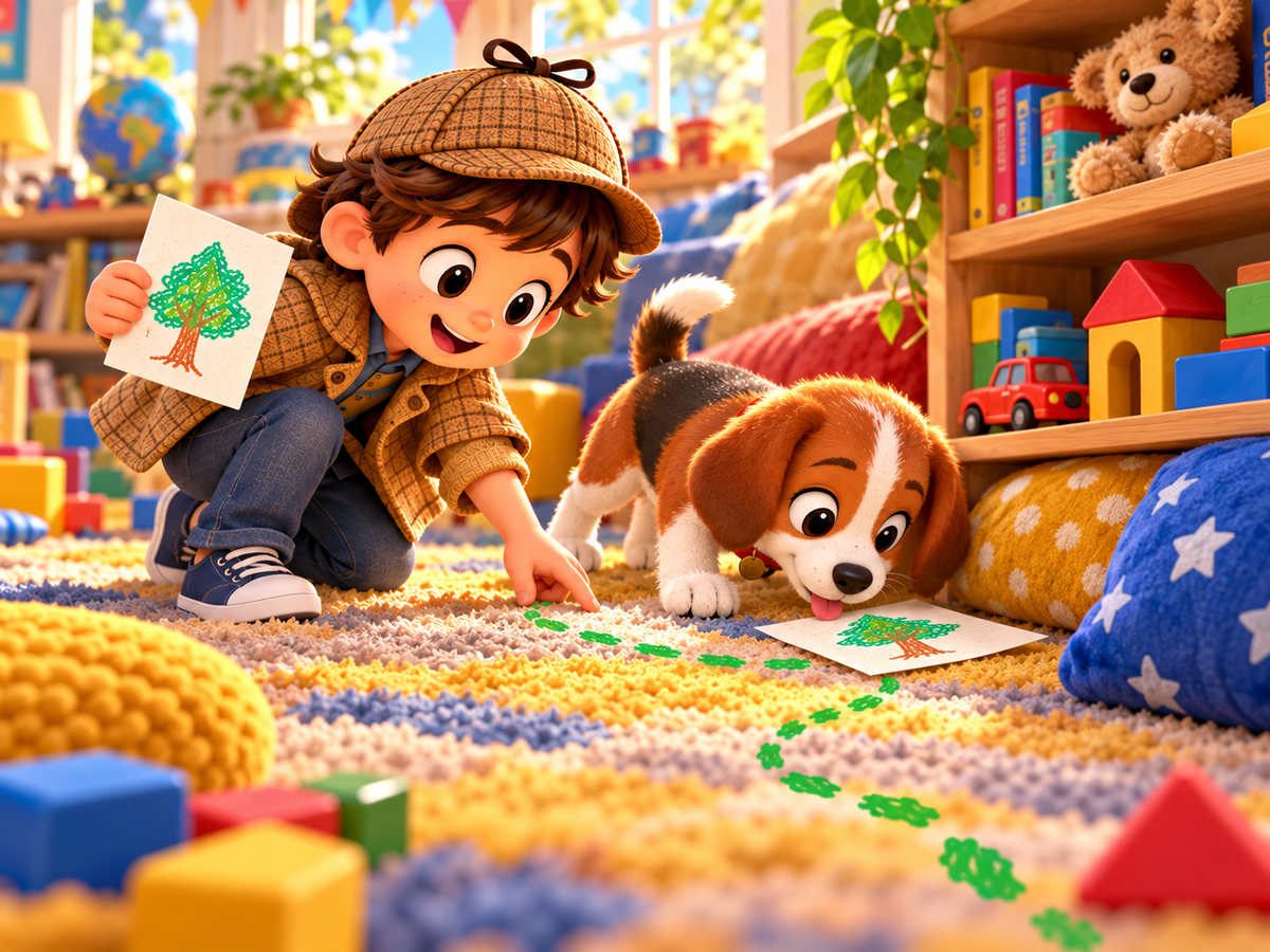 A young child detective searches near cushions and a toy shelf for colorful picture clues.