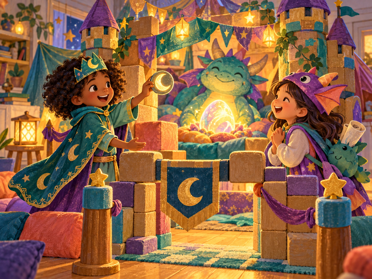 Children celebrate after switching roles and completing a moon-symbol castle security check.