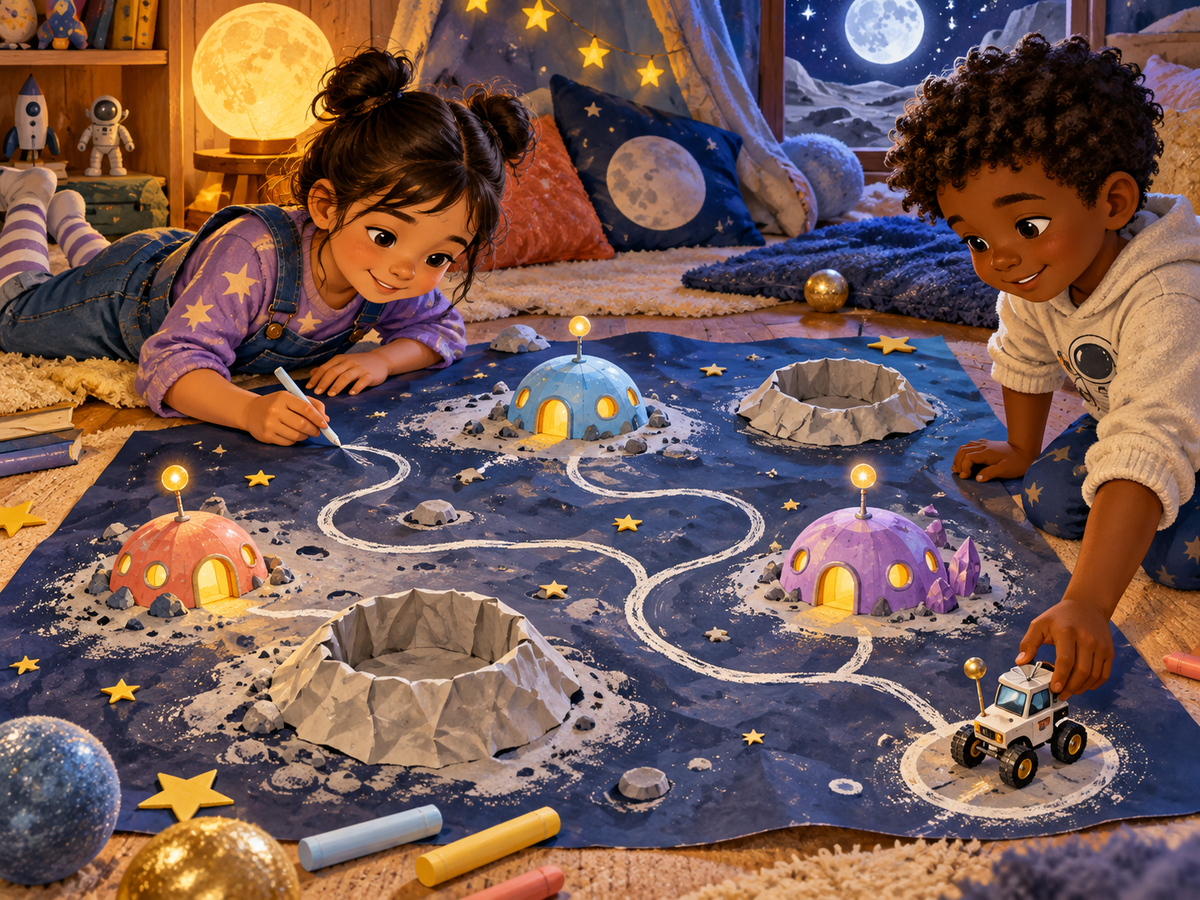 Two children draw routes among three moon houses and paper craters.