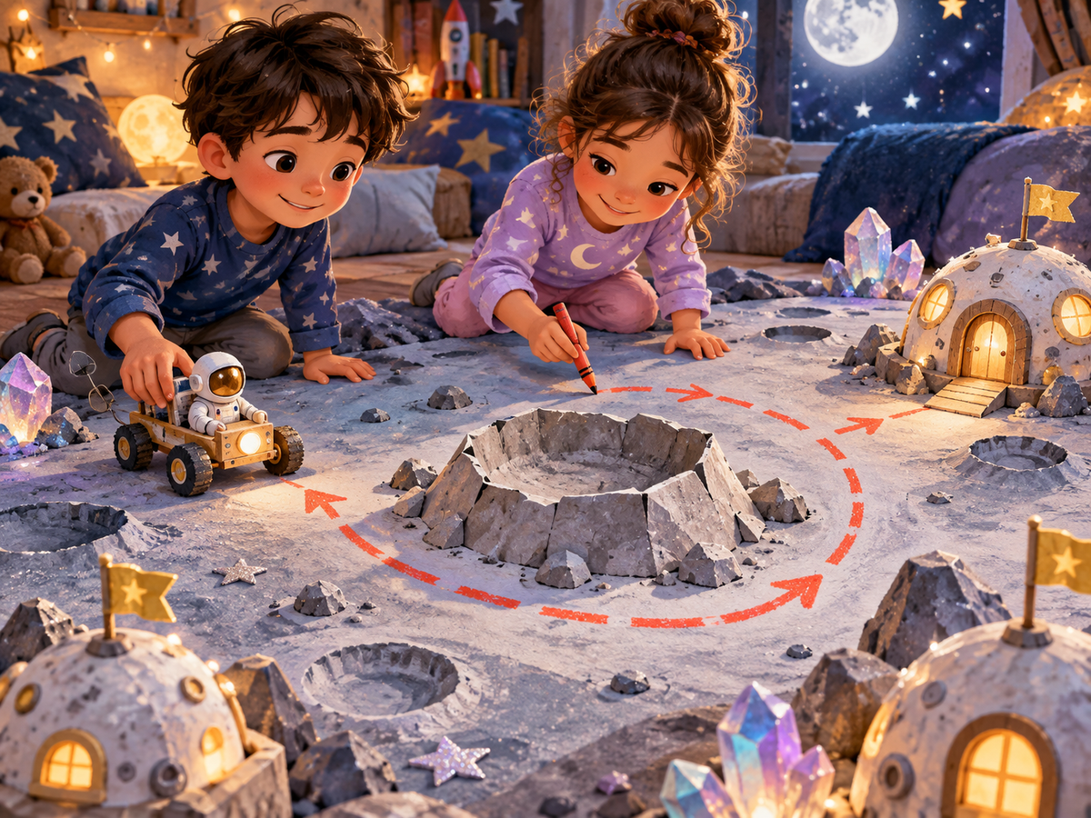 Two children draw a new rover route around a large pretend moon crater.