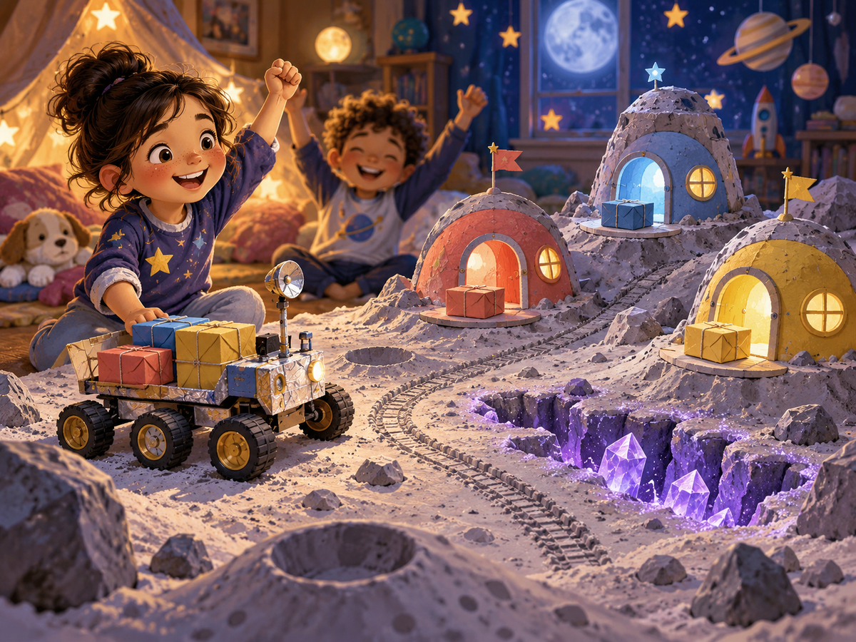 Children celebrate after a toy rover delivers parcels to three moon houses.