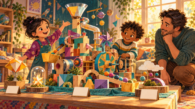 Children proudly demonstrate a colorful impossible machine in a pretend museum.