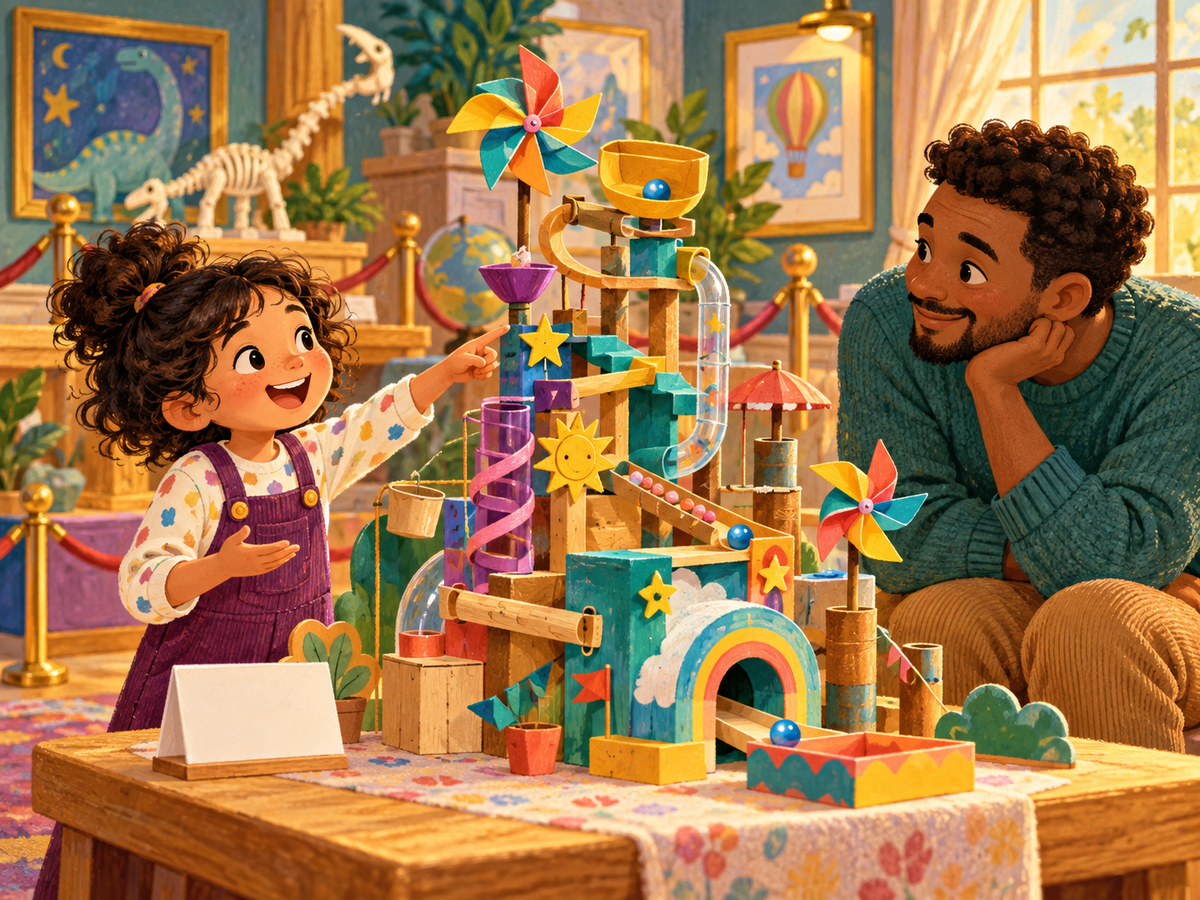 A child explains a whimsical block machine to an interested adult visitor.