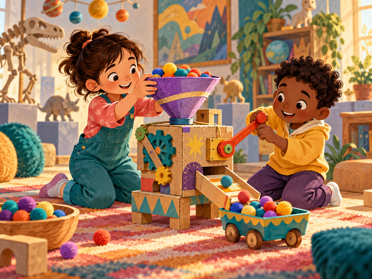 Two children redesign one part of a colorful pretend invention and test its new job.