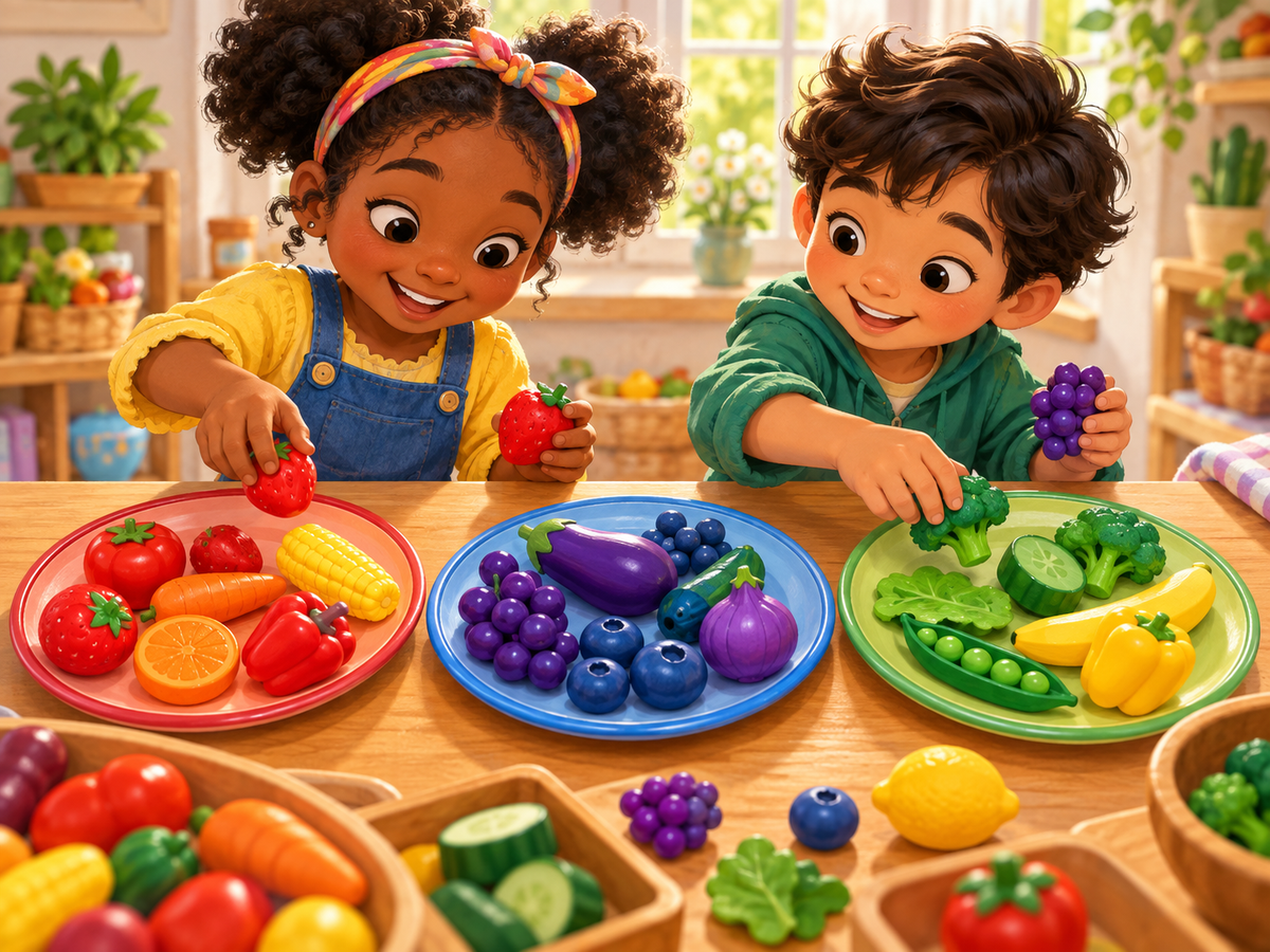 Two children sort colorful pretend food into three different plates.