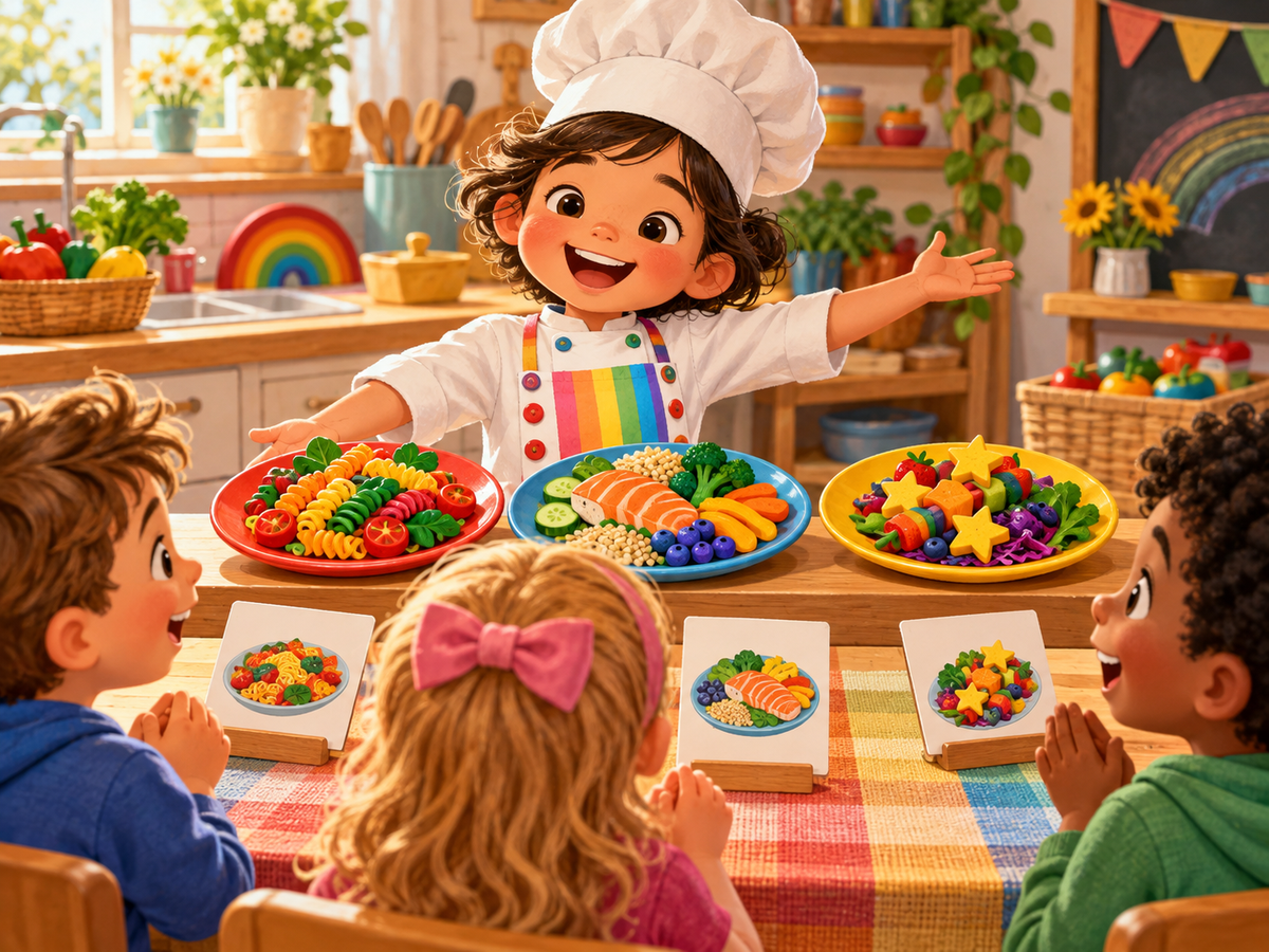 A child chef proudly presents three colorful pretend meals to three customers.