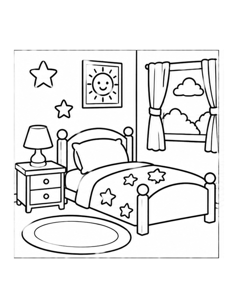 Printable bedroom coloring page for ages 3-4.