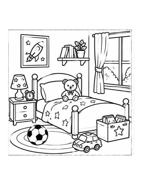 Printable bedroom coloring page for ages 5-6.