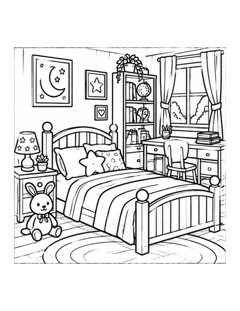 Printable bedroom coloring page for ages 7-8.