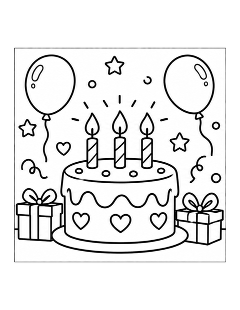 Printable birthday cake coloring page for ages 3-4.