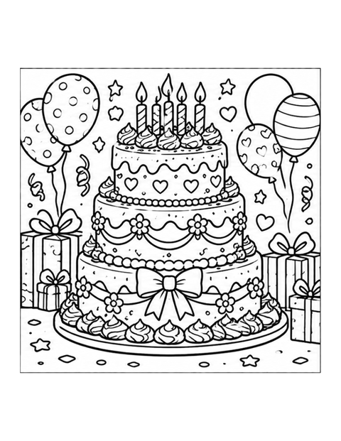 Printable birthday cake coloring page for ages 7-8.