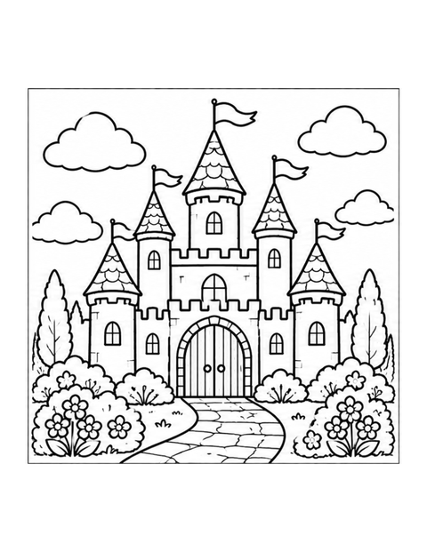 Printable castle coloring page for ages 5-6.