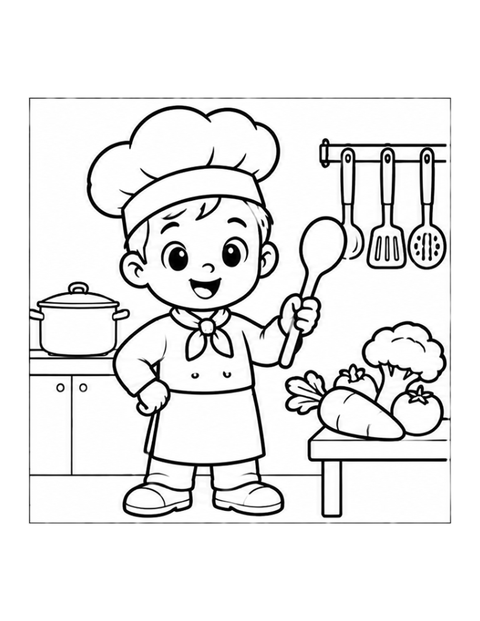 Printable chef coloring page for ages 3-4.