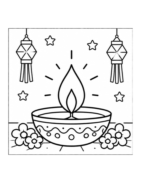Printable diwali lamp coloring page for ages 3-4.