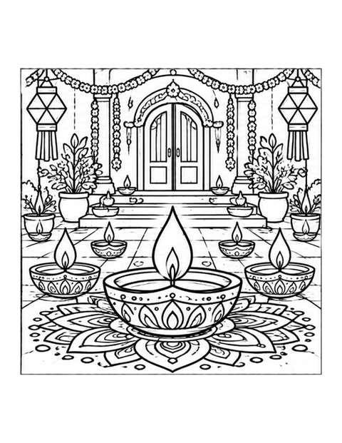 Printable diwali lamp coloring page for ages 7-8.