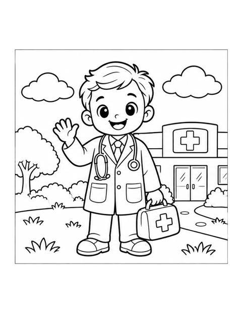 Printable doctor coloring page for ages 3-4.