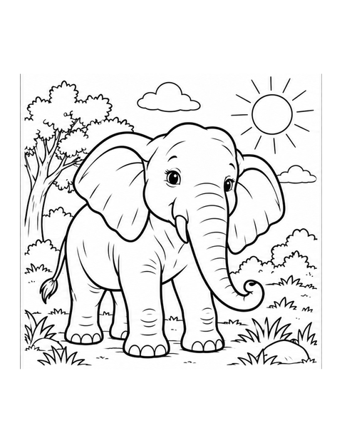 Printable elephant coloring page for ages 5-6.
