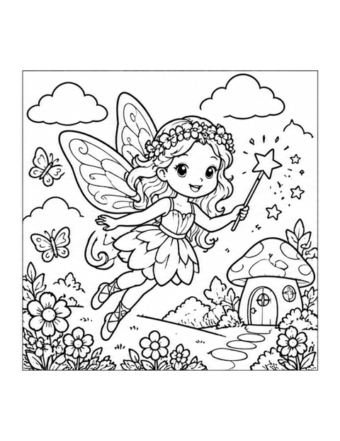 Printable fairy coloring page for ages 5-6.