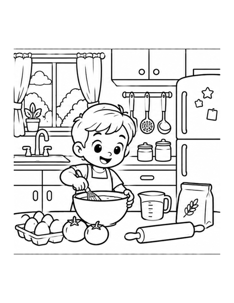 Printable kitchen coloring page for ages 5-6.