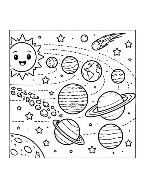 Printable planets coloring page for ages 5-6.
