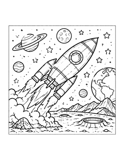 Printable rocket coloring page for ages 7-8.