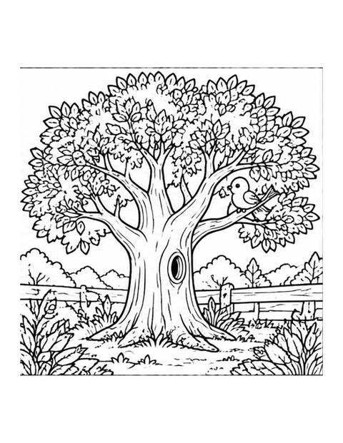 Printable tree coloring page for ages 7-8.