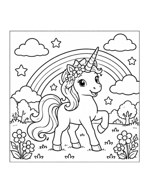 Printable unicorn coloring page for ages 5-6.