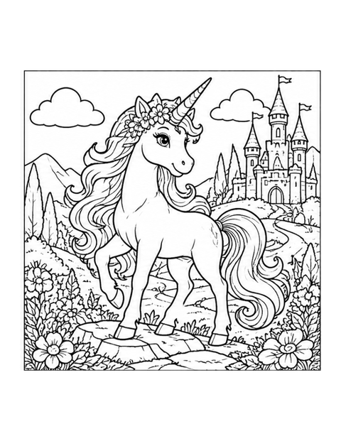 Printable unicorn coloring page for ages 7-8.
